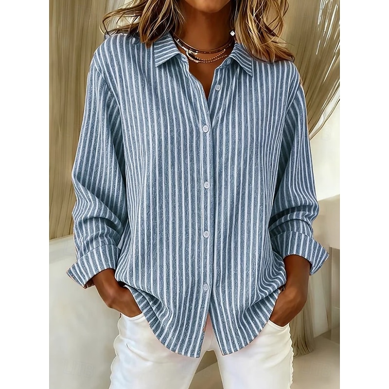 Women's Shirt Blouse Striped Vintage Stylish Casual Long Sleeve Shirt Collar Regular Tops Daily Buttons Print Red Light Brown Blue Orange Gray Spring Fall Winter2
