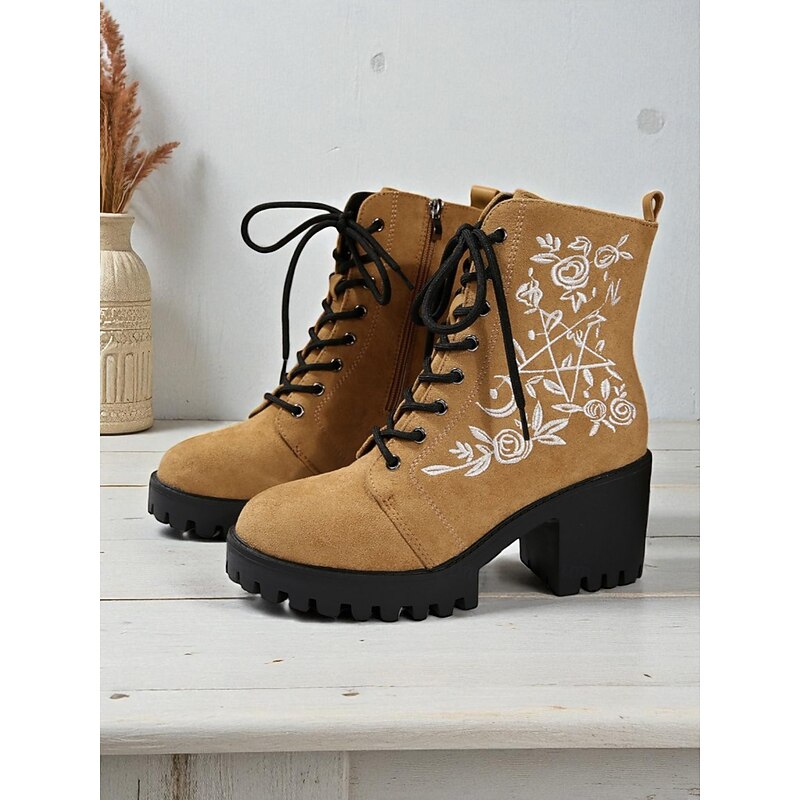 Women's Khaki Lace-Up Ankle Boots with White Floral Embroidery, Casual Faux Suede Chunky Heel Combat Style Booties for Everyday Wear2