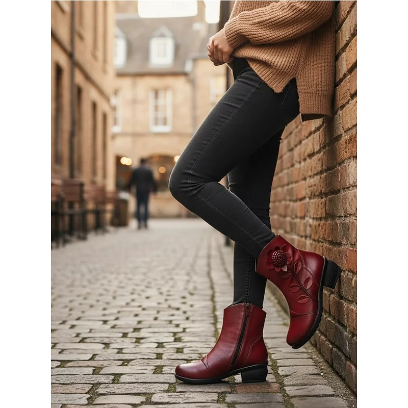 Women's Red Leather Ankle Boots with Floral Appliqué – Vintage Mid-Heel Short Boots for Casual and Dressy Outfits3