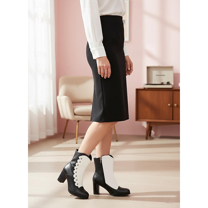 Women's Black and White Victorian Button Boots with Scalloped Trim and Block Heel - 1920s Edwardian Gothic Style Ankle Boots for Ladies, Ideal for Cosplay, Steampunk & Retro Outfits2