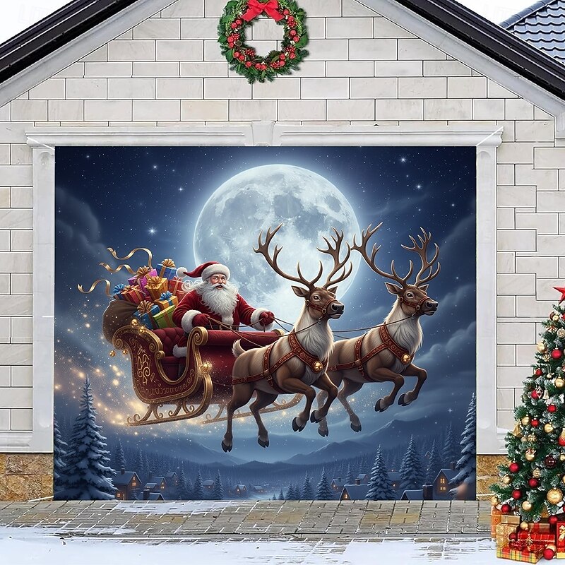 Christmas Garage Door Cover Santa Claus with Reindeer under Moonlight Large Hanging Backdrop Outdoor Holiday Wall Banner Yard Home Festive Seasonal Christmas Party Decoration2