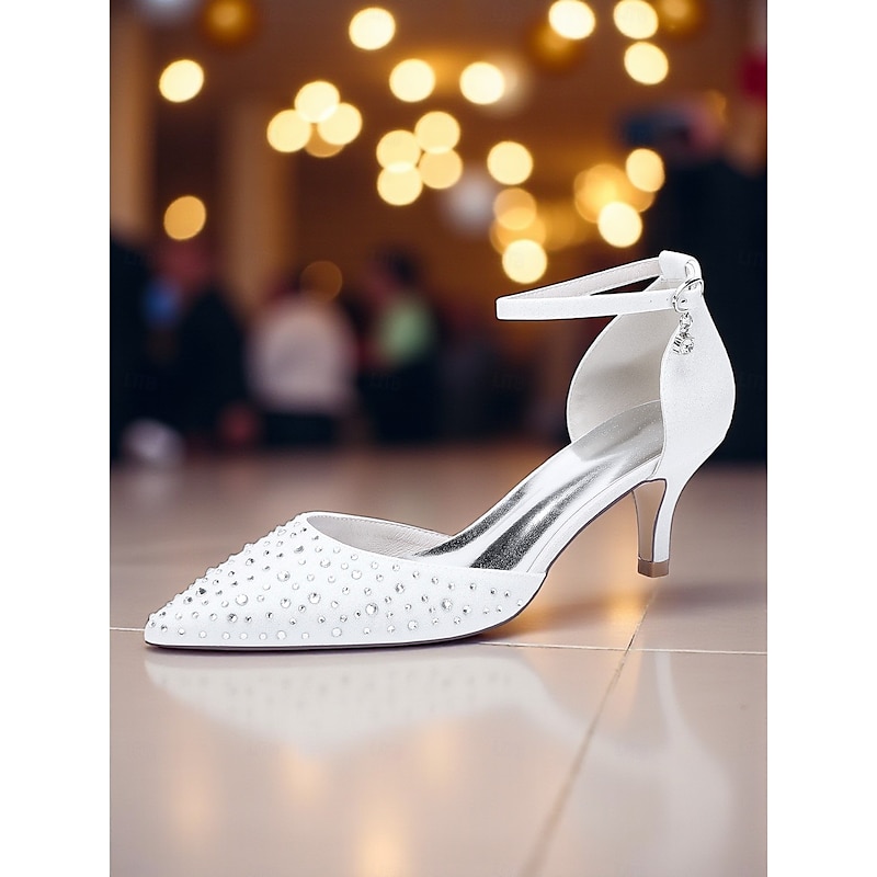 Women's White Rhinestone Ankle Strap Kitten Heels - Elegant Pointed Toe Wedding Shoes for Brides and Formal Occasions4