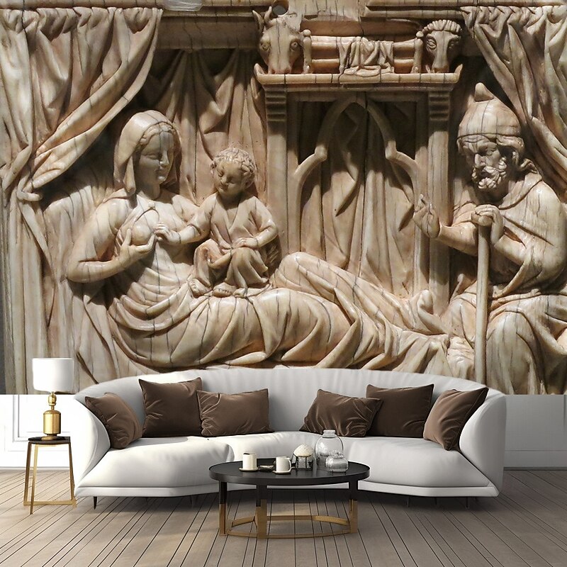Christmas Hanging Tapestry Nativity Scene Medieval Carving Style Jesus Birth Large Wall Art Mural Decor Blanket Curtain Holiday Home Bedroom Living Room Religious Celebration Decoration3
