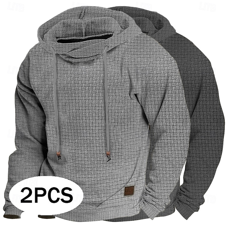 Men's Hoodie Waffle Hoodies Pullover Hoodie Sweatshirt Black+Dark Gray Dark Gray+Light Gray Navy Blue+Light Gray Army Green+Dark Gray Army Green+Black Hooded Plain Textured Sports & Outdoor Casual