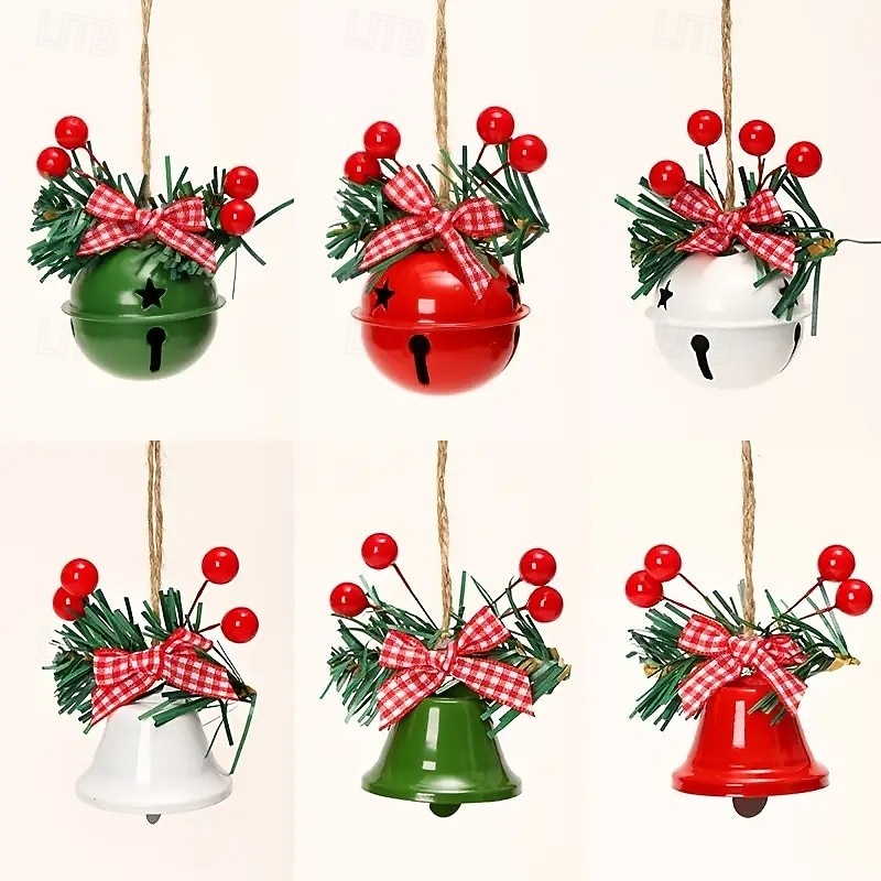 6pcs Christmas Bells Ornaments – Metal Hanging Decorations with Red Berries and Plaid Bows, Perfect for Holiday Tree, Wreath, Wall and Door Decor