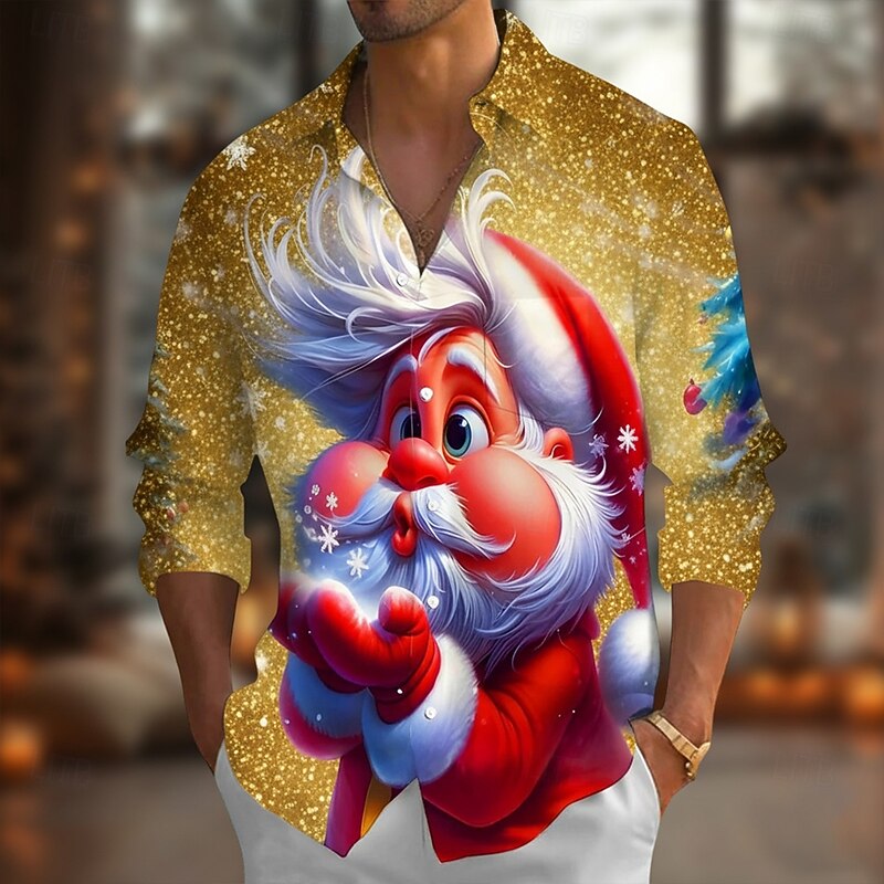 Christmas Men's Santa Claus Snowflake funny christmas Shirt Button Up Shirt Long Sleeve Funny Holiday Spring Fall Turndown 3D Print Collared Shirts Front One Pocket Red Blue Gold4