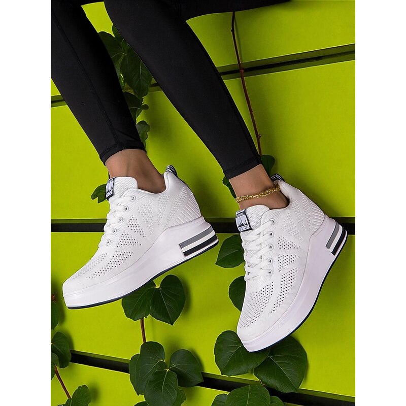 Women's White Platform Sneakers with Breathable Flyknit Mesh, Lightweight Lace-Up Casual Walking Shoes for Everyday Wear, Travel & Outdoor Activities4