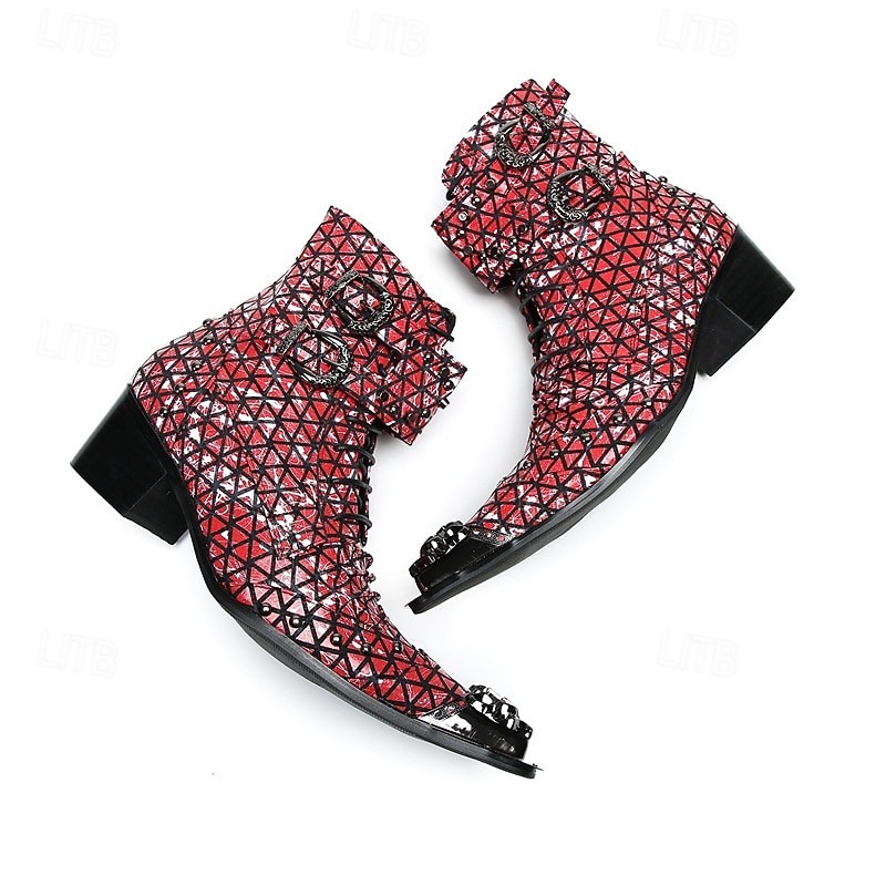 Men's Red Genuine Leather Punk Ankle Boots with Geometric Pattern and Double Buckle Straps, 100% Cowhide Western Style Boots for Stage and Nightclub Fashion3