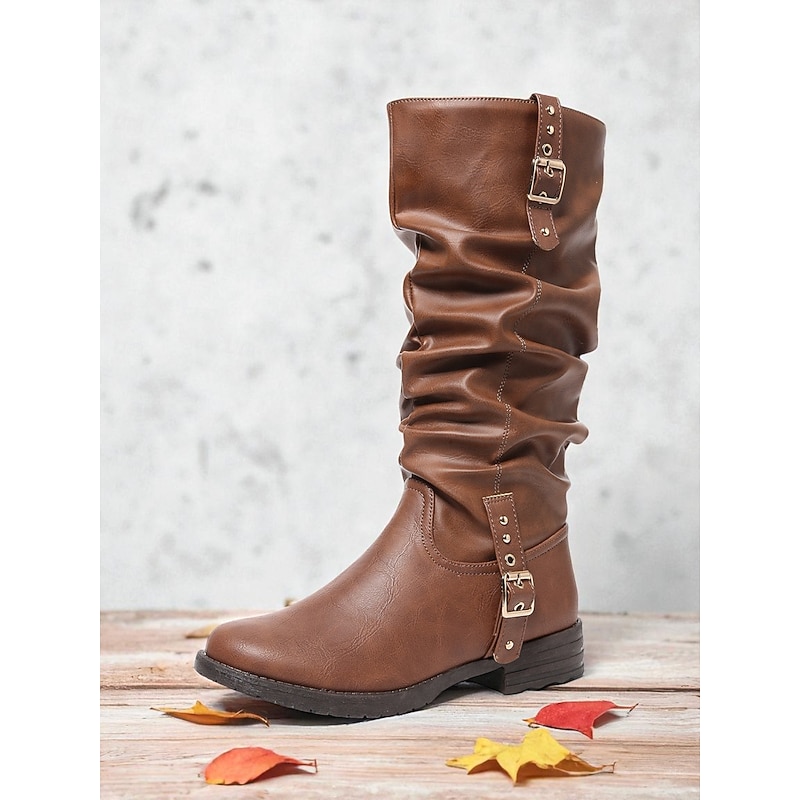 Women's Black Ruched Mid-Calf Boots – Stylish Buckled Slouchy Boots for Date Nights and Casual Street Fashion4