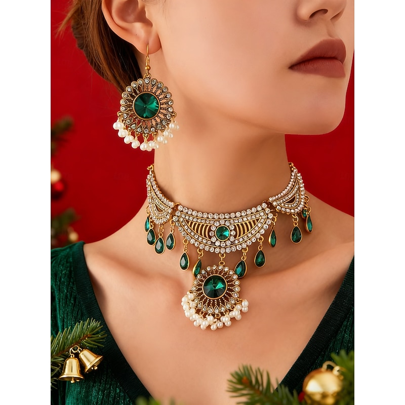 Women's Green Crystal Pearl Choker Jewelry Set