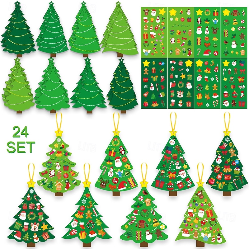 72pcs Christmas Tree DIY Craft Kit - Create Your Own Holiday Cards with Stickers, Includes 24 Cards and 24 Sticker Sheets and 24 Golden Ribbons, Perfect for Xmas Parties and Family School Activities