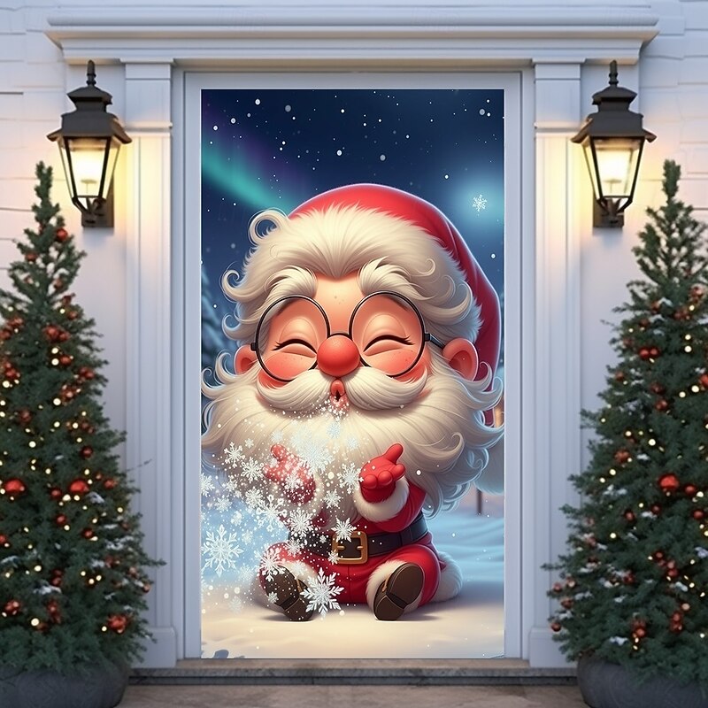 Christmas Door Cover Animated Style Holiday Decoration Drapes with Santa Claus Aurora Borealis and Snowflakes Print for Home Entryway Living Room Bedroom Indoor Outdoor Festive Seasonal Decor
