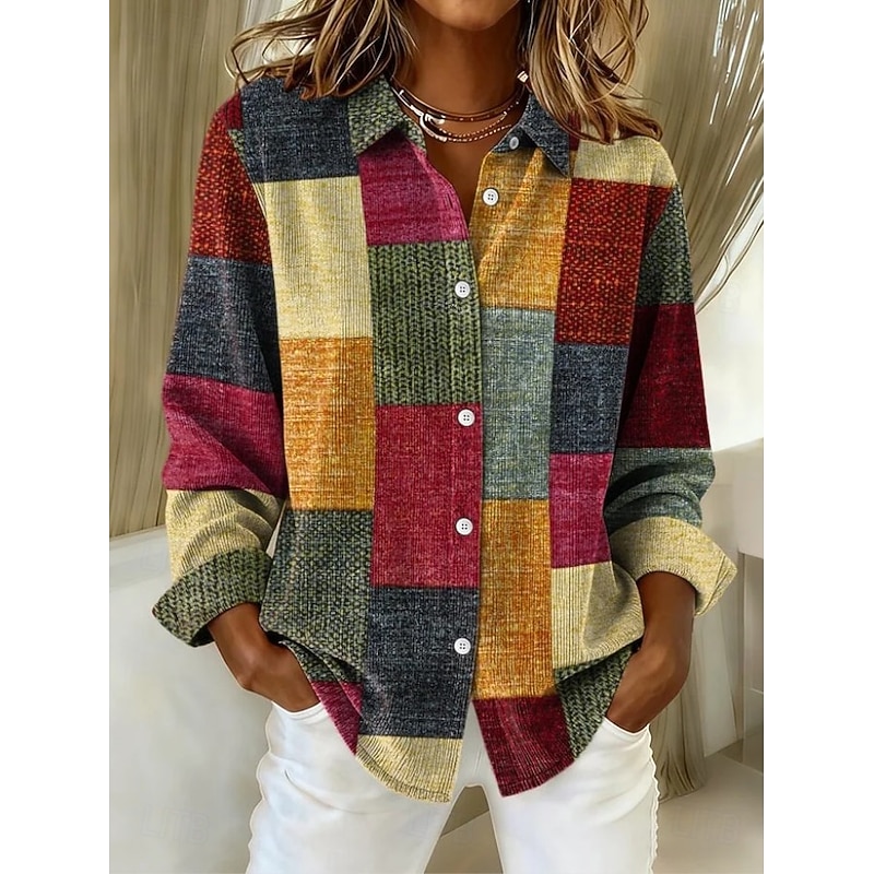 Women's Shirt Blouse Graphic Geometric Plaid Vintage Daily Stylish Long Sleeve Shirt Collar Regular Tops Daily Patchwork Buttons Print Maroon Denim Blue Light Brown Brown Spring Fall Winter