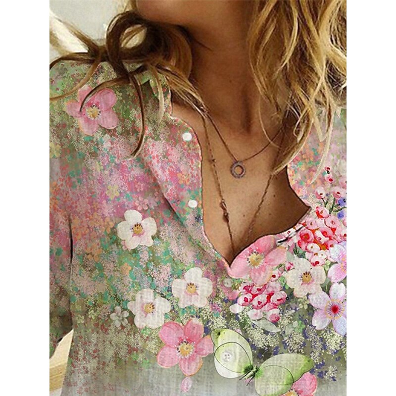 Women's Shirt Blouse Floral Stylish Casual Long Sleeve Shirt Collar Regular Tops Daily Buttons Print Purple Green Summer Spring2