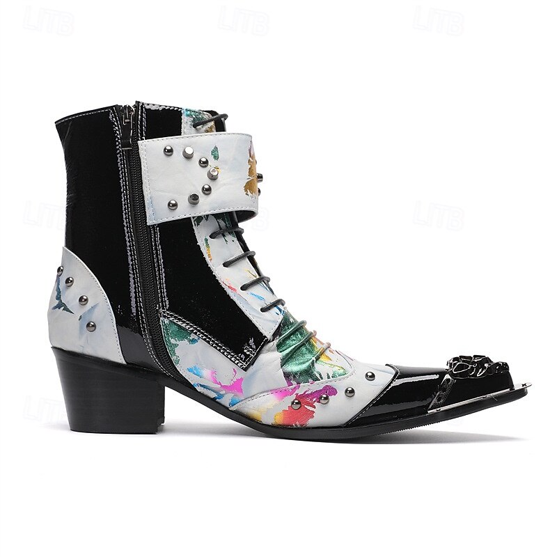 Men's White Genuine Leather Punk Ankle Boots with Graffiti Print and Double Buckle Straps, 100% Cowhide Lace-Up Western Boots for Stage, Parties and Cosplay Events3