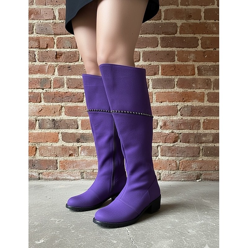 Women's Purple Suede Knee-High Boots with Side Zipper and Studded Detailing - Stylish Casual Footwear for Fall and Winter
