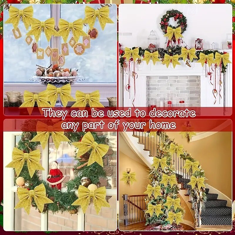12pcs Christmas Ribbon Bows Ornaments Xmas Tree Decorations – Gold, Silver & Red Glitter Bows, Perfect for Tree, Wreaths and Gift Wrapping4