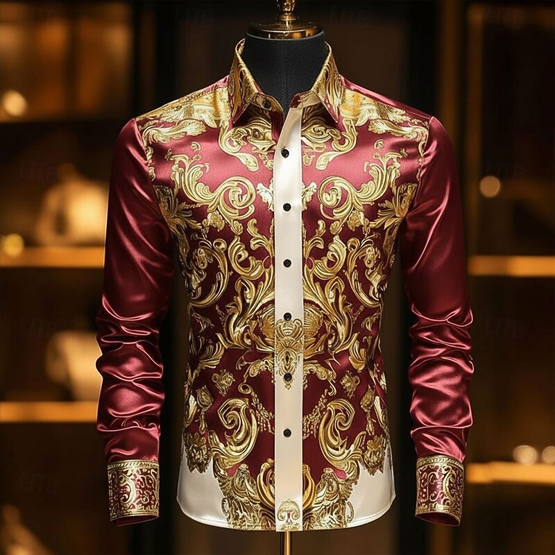 Men's Floral Print Ethnic Baroque Shirt Satin Shirt Dress Shirt Long Sleeve Vintage Retro Vacation Dailywear Summer Spring Fall Turndown 3D Print Button Up Shirts Black Burgundy Dark Blue3