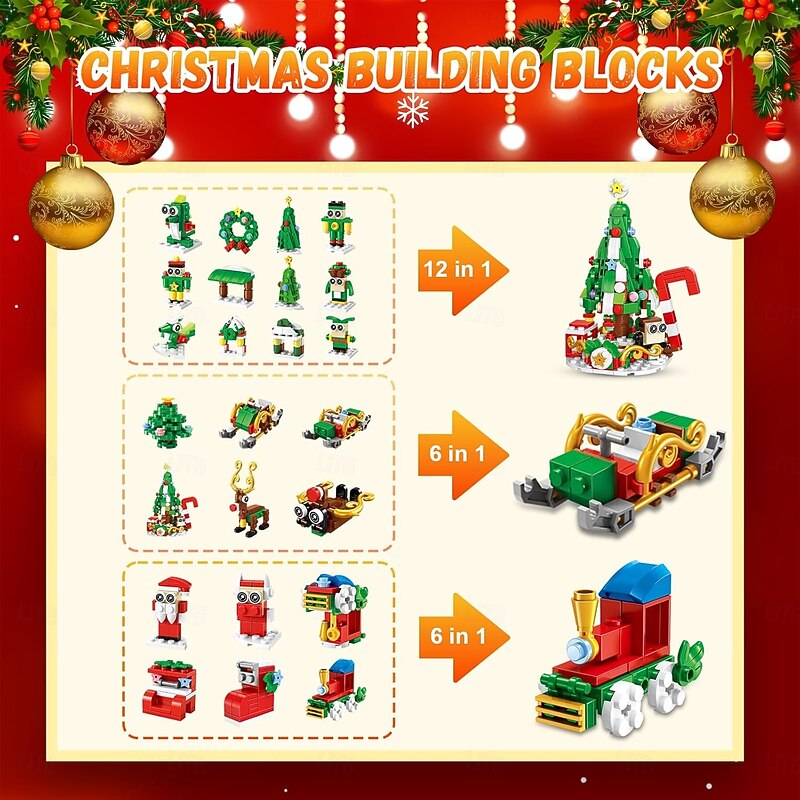 Christmas Advent Calendar Building Blocks for Kids & Adults, 24 Days Countdown Gift Set with 24 Mini Bricks, Includes Christmas Tree, Reindeer, Sleigh and Train, Fun Xmas Holiday Building Toy4