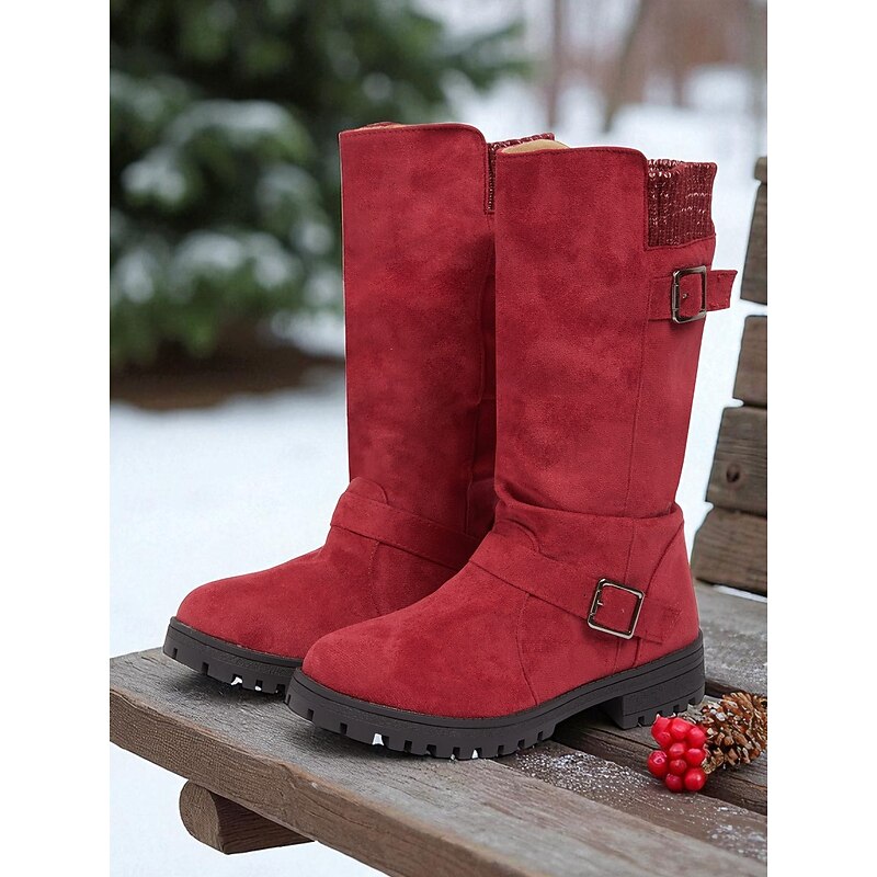 Women's Red Faux Suede Mid-Calf Boots with Adjustable Buckles and Non-Slip Sole, Casual Comfort Knit Boots for Christmas & Daily Wear2