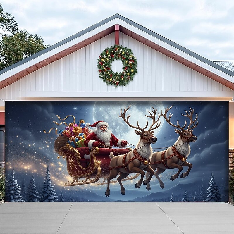 Christmas Garage Door Cover Santa Claus with Reindeer under Moonlight Large Hanging Backdrop Outdoor Holiday Wall Banner Yard Home Festive Seasonal Christmas Party Decoration3