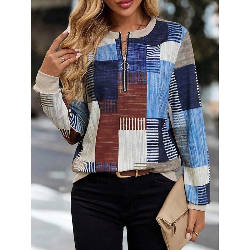 Women's Pullover Sweatshirt Zip Up Sweatshirts Graphic Geometric Plaid Fashion Casual Long Sleeve Crew Neck Regular Tops Street Dailywear Zipper Print Purple Brown Gray Fall Winter