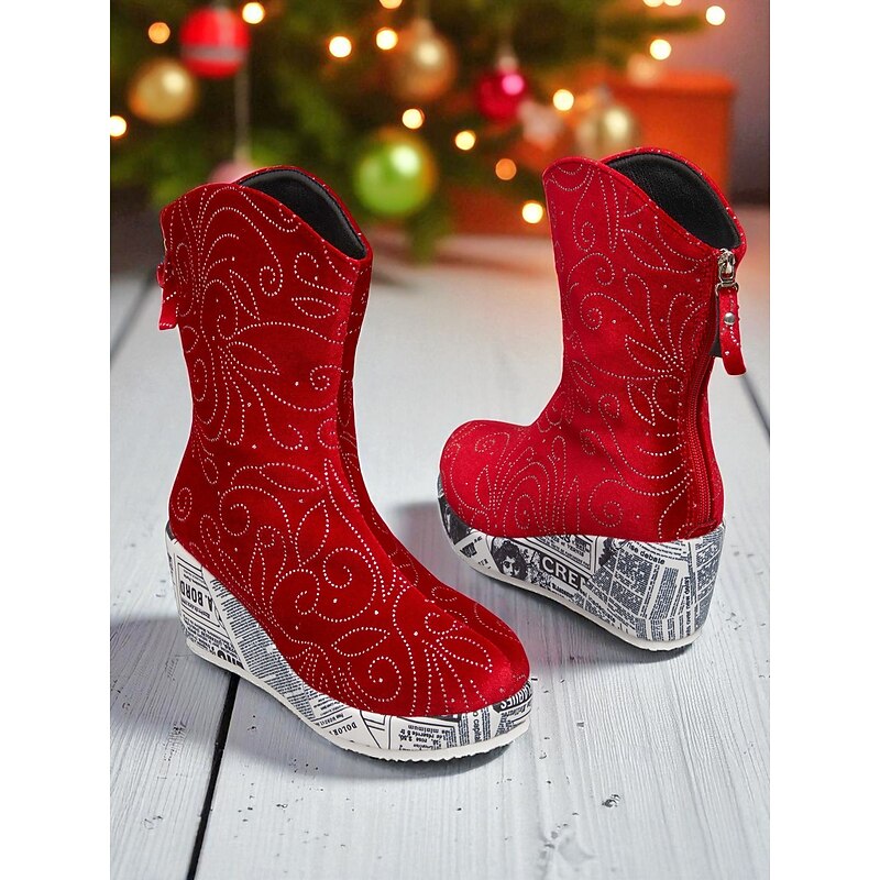 Women's Red Velvet Wedge Ankle Boots with Glitter Rhinestone Design and Printed Sole, Fashion Winter Party Shoes for Christmas & Night Out