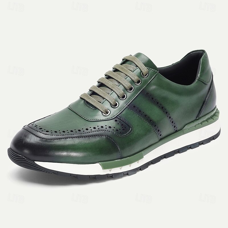 Men's Green Genuine Leather Brogue Sneakers with Wingtip Detailing and Rubber Sole, Stylish Casual Dress Shoes for Business Travel and Everyday Wear2