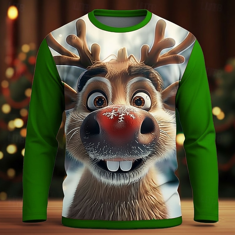 Christmas Men's Elk Funny T Shirt Long Sleeve T shirt 3D Print Crew Neck Shirt Fashion Basic 3D Street Casual Daily Black Red Blue Summer Spring Clothing Apparel S M L XL XXL XXXL3