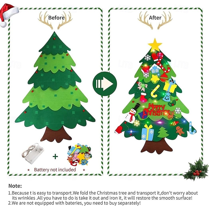 Felt Christmas Tree Set with Led String Light, 3.2ft Wall Hanging DIY Xmas Decorations Tree with Detachable Ornaments Snowman Christmas Decorations New Year Gift for Kids Boys and Girls Home3