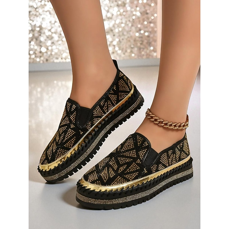 Women's Black Gold Rhinestone Slip-On Platform Loafers, Sparkly Chunky Sole Party Shoes for Nightlife & Club Outfits2