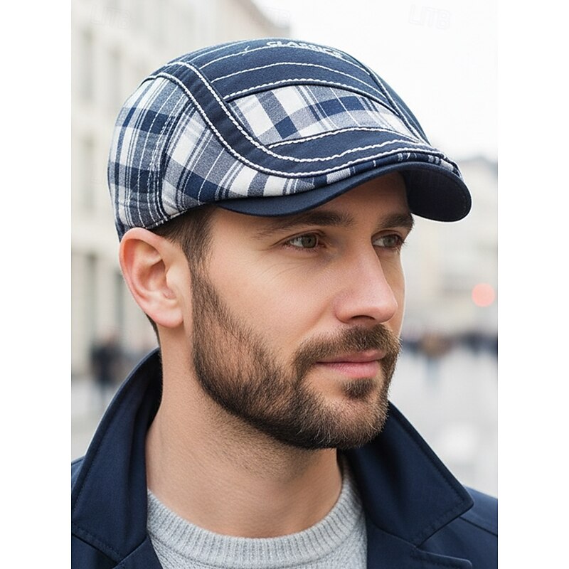 Men's Cotton Plaid Flat Cap, Vintage Newsboy Ivy Hat with Adjustable Fit, Stylish Christmas Gift for Casual Outfits & Outdoor Travel3