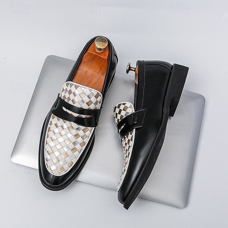 Men's Black and White Woven Faux Leather Loafers with Metal Accent, Elegant Slip-On Dress Shoes for Business, Parties and Formal Events2