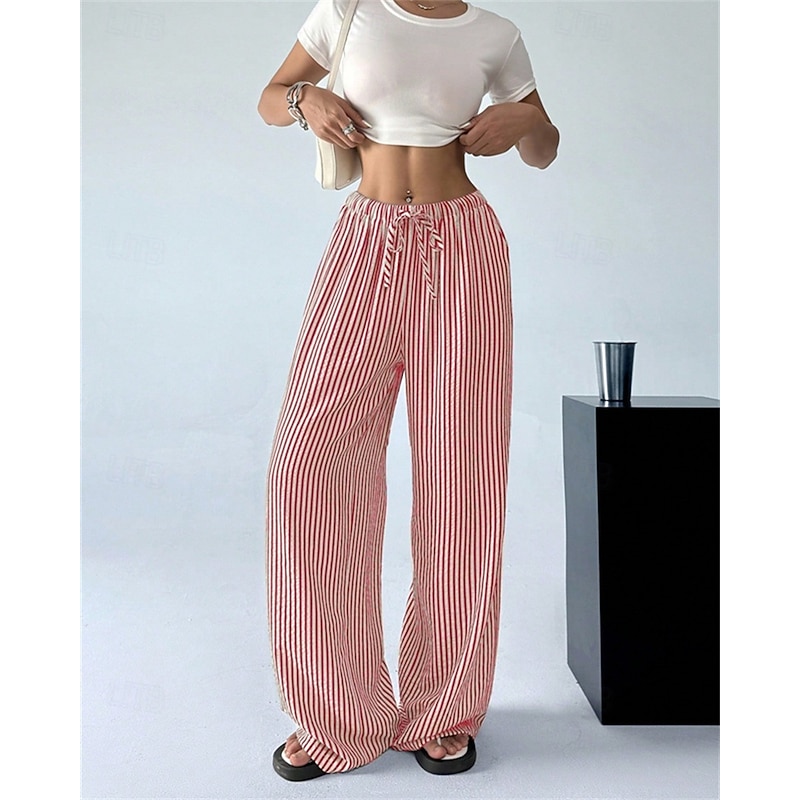 Women's Wide Leg Chinos Pants Trousers Vacation Vintage Streetwear Full Length Medium Waist Striped Pocket Elastic Waist Comfortable Micro-elastic Outdoor Vacation Daily Apricot Black Red Green3