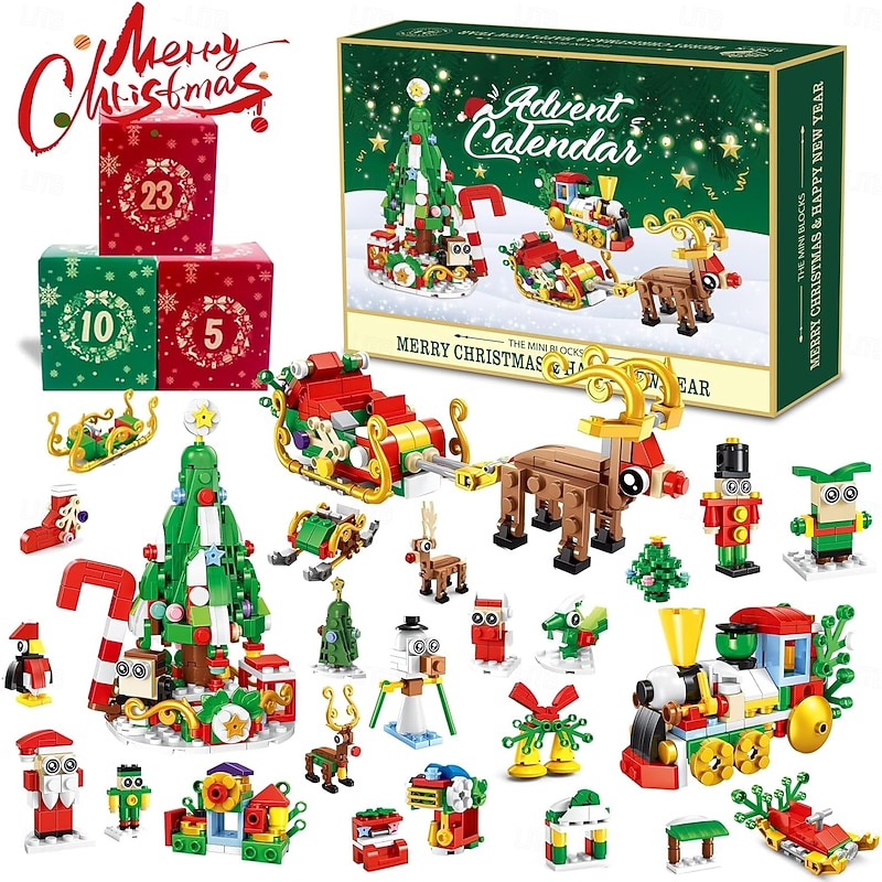 Christmas Advent Calendar Building Blocks for Kids & Adults, 24 Days Countdown Gift Set with 24 Mini Bricks, Includes Christmas Tree, Reindeer, Sleigh and Train, Fun Xmas Holiday Building Toy