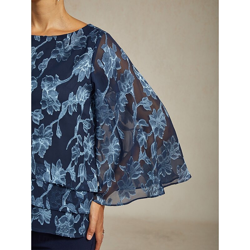 Women's Blouse Chiffon Tops Floral Elegant Stylish Casual Crew Neck Regular Tops Wedding Guest Date Night Outfits Cocktail Attire Lace Navy Blue Spring Fall Winter3