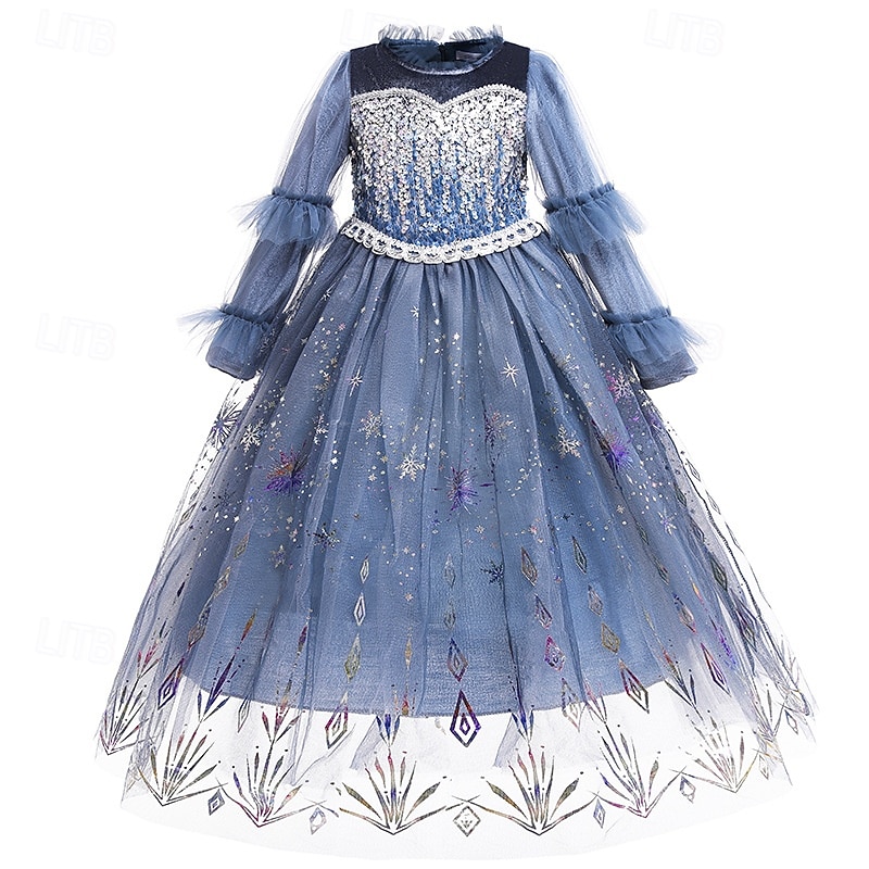 Kids Girls' Elsa Frozen Halloween Costume Dress Sequin Floral Performance Party Blue Maxi Long Sleeve Princess Sweet Dresses Fall Winter Regular Fit 4-12 Years