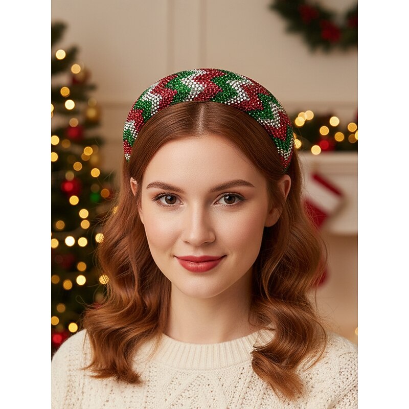 Women's Christmas Beaded Headband, Festive Red Green Zigzag Hair Accessory for Holiday Parties & Winter Outfits2