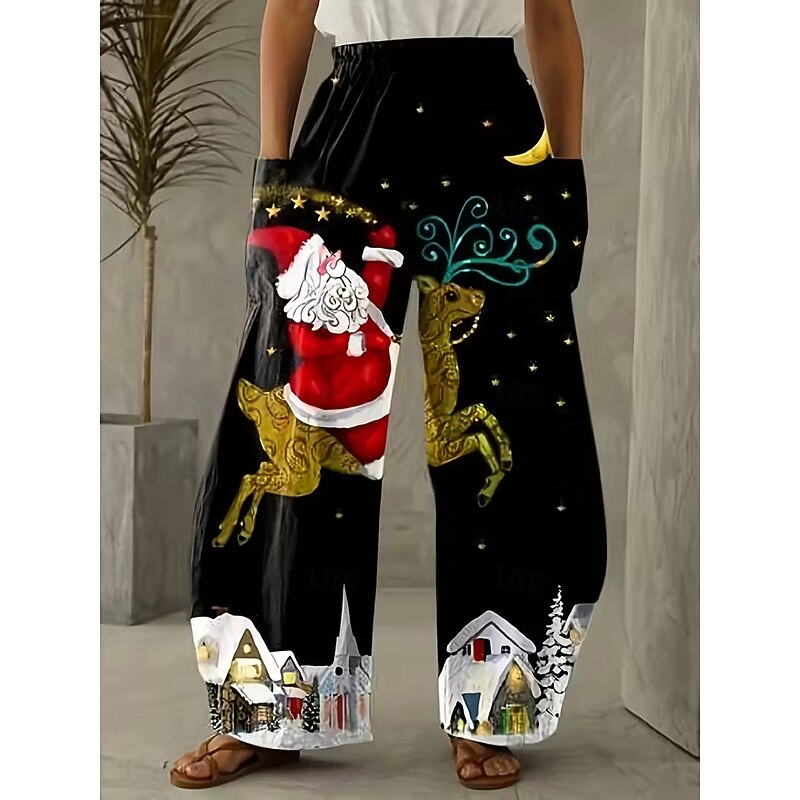 Women's Wide Leg Pants Trousers Vacation Vintage Ethnic Style Full Length High WaistPantsUgly Christmas Graphic Santa Claus Pocket Elastic Waistband Print Comfy Breathability Inelastic Vacation