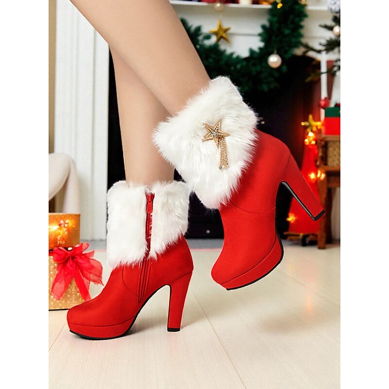 Women's White Faux Fur Ankle Boots with High Heels and Star Charm Detail, Warm Winter Fashion Boots for Christmas Outfits, Holiday Parties & Festive Events3