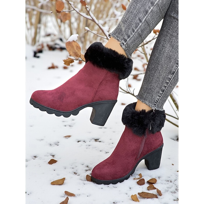 Women's Burgundy Faux Suede Ankle Boots with Faux Fur Lining and Chunky Mid Heels, Warm Fashion Winter Booties for Outdoor Wear & Holiday Outfits2