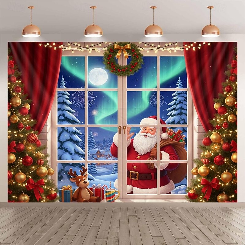 Christmas Hanging Tapestry Santa Claus with Christmas Wreath Aurora Borealis and Christmas Tree Large Wall Art Mural Decor Blanket Curtain Holiday Home Bedroom Living Room Festive Seasonal Decoration3