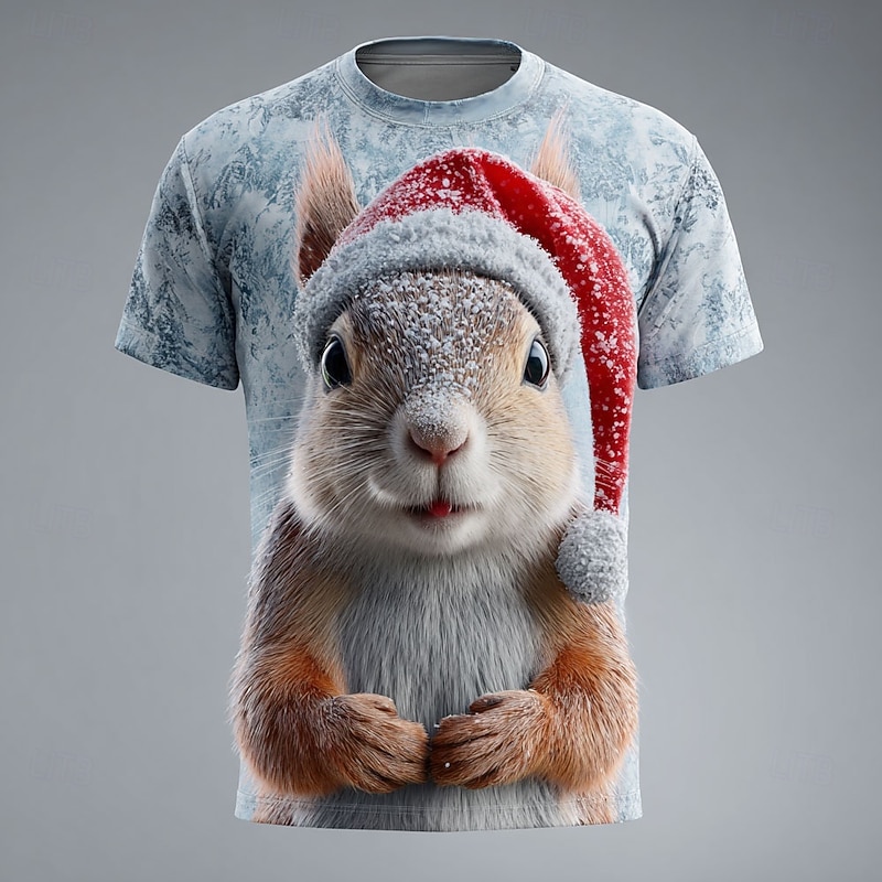 Christmas Men's 3D Squirrel T Shirt Short Sleeve T shirt 3D Print Crew Neck Shirt Daily Designer Artistic Vacation Party Street Blue Dark Gray Gray All Seasons Clothing Apparel S M L XL XXL XXXL3