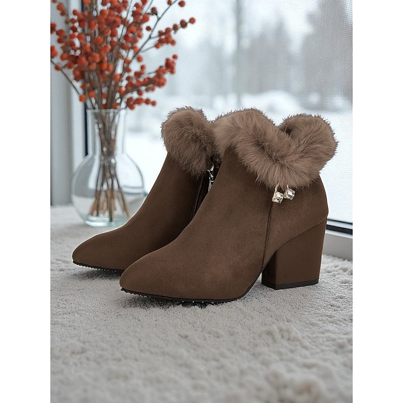 Women's Brown Faux Suede Block Heel Ankle Boots with Plush Fur Collar and Rhinestone Charm - Warm Winter Dress Boots for Work and Holiday