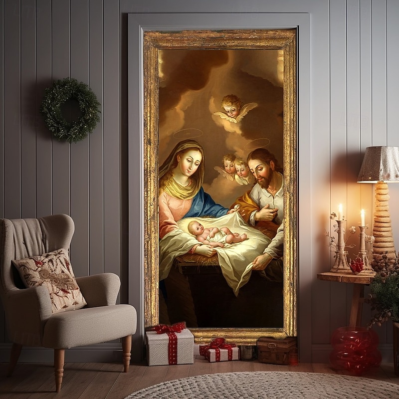 Christmas Door Cover Winter Holiday Decoration Drapes with Nativity Scene of Jesus Birth Print for Home Entryway Living Room Bedroom Indoor Outdoor Festive Seasonal Religious Home Decor
