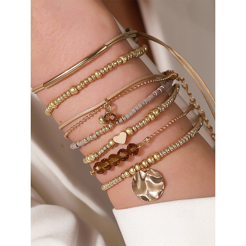 Women's Bohemian Beaded Layered Bracelet Set – Gold and Brown Multi-Strand Bangles with Heart & Charm Accents, Fashion Jewelry for Parties, Festivals and Everyday Wear4