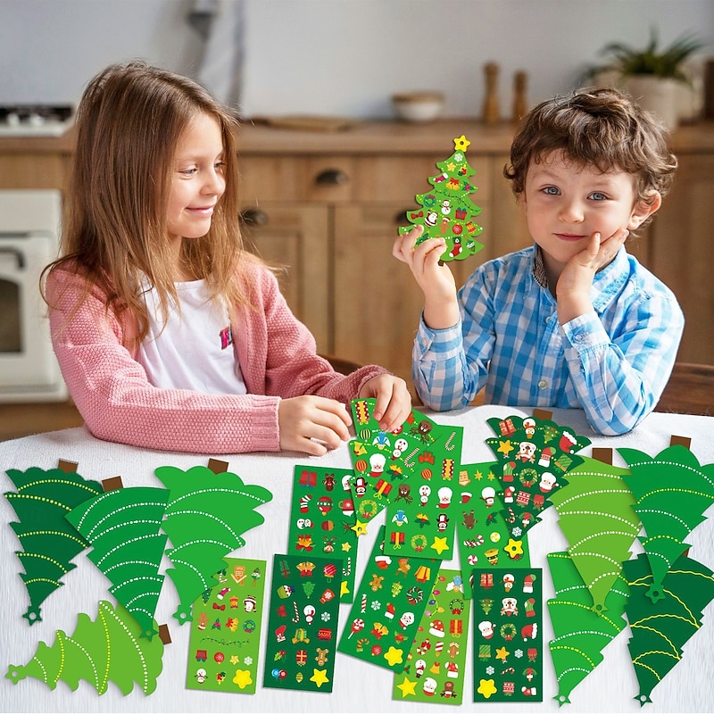 72pcs Christmas Tree DIY Craft Kit - Create Your Own Holiday Cards with Stickers, Includes 24 Cards and 24 Sticker Sheets and 24 Golden Ribbons, Perfect for Xmas Parties and Family School Activities2