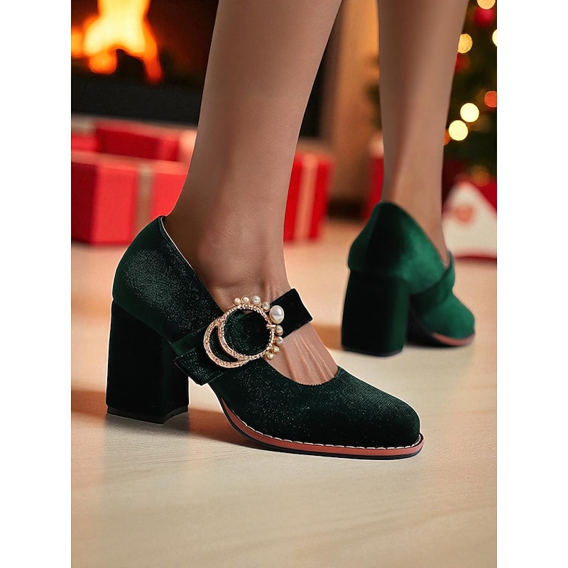 Women's Green Velvet Mary Jane Heels with Chunky Block Heel and Pearl Buckle - 1950s Vintage Retro Dress Shoes for Ladies, Perfect for Christmas Parties, Weddings & Evening Events3