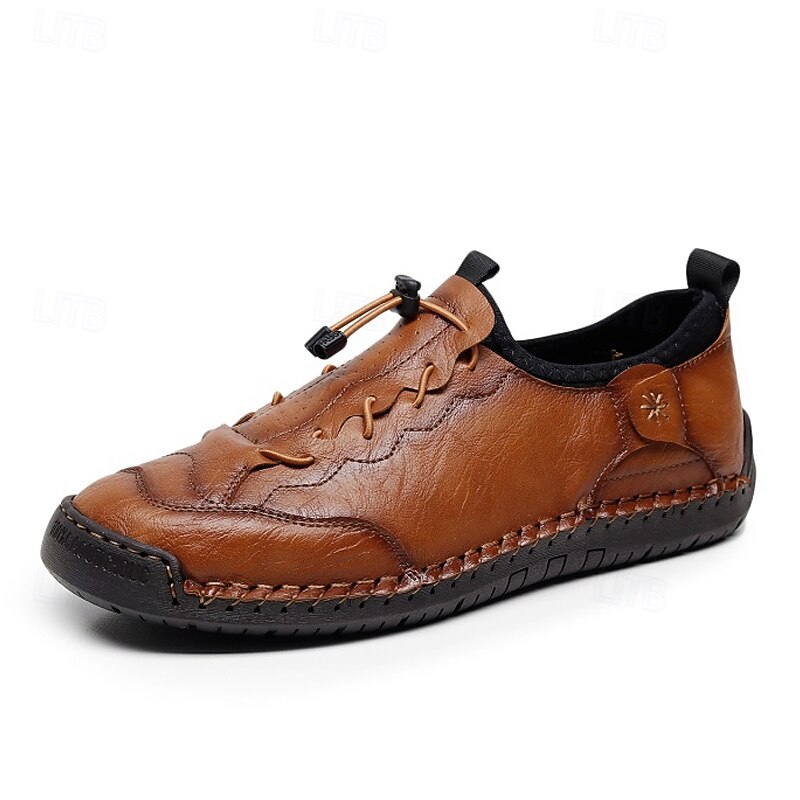 Men's Brown Handmade  Casual Shoes with Soft Rubber Sole and Elastic Drawstring, Comfortable Outdoor Driving Loafers for Travel and Daily Wear4