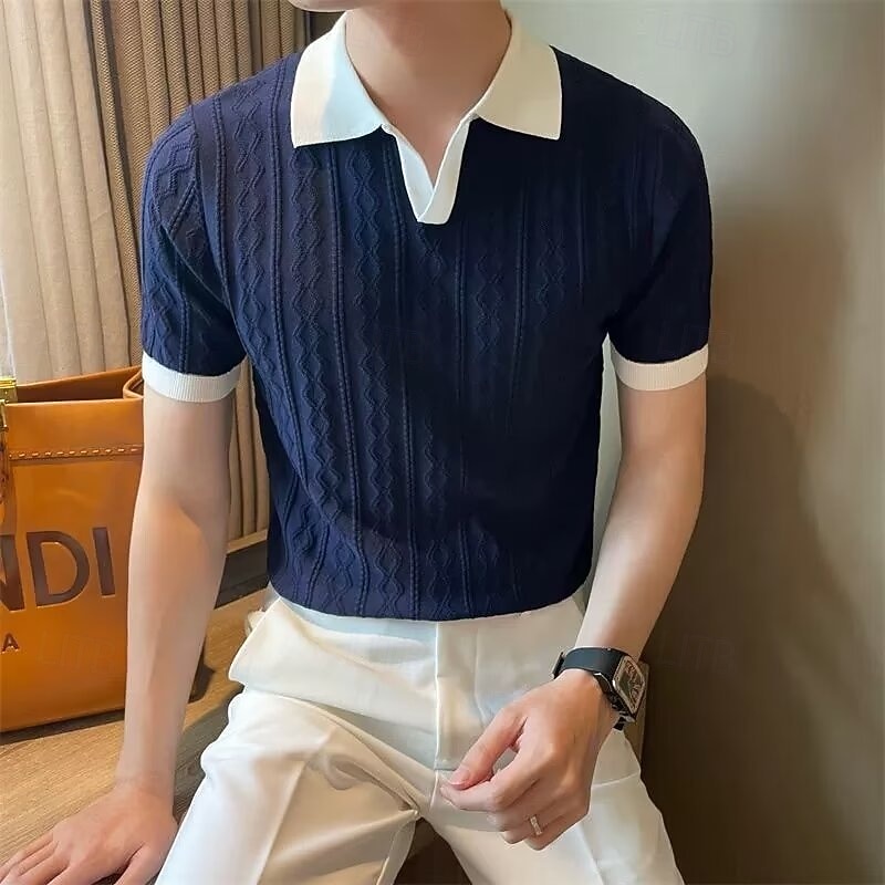 Men's Rib Knit Top Golf Polos Shirts Work Casual V Neck Seagull collar Short Sleeve Basic Modern Color Block Buttons Knitted Spring & Summer All Seasons Regular Fit White Burgundy Navy Blue Rib Knit
